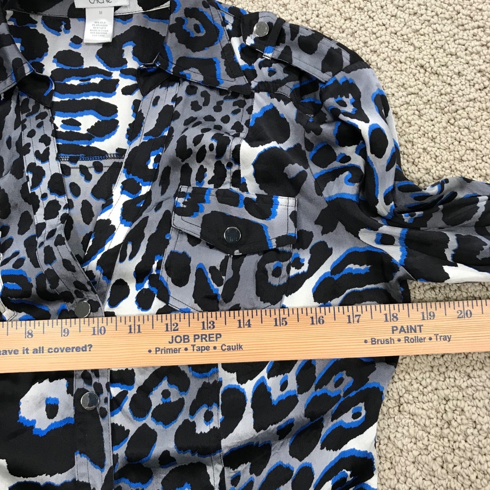 Cache Silk Blend Leopard Animal Print Button Down Shirt Blue Grey Black Medium - Picture 5 of 7
